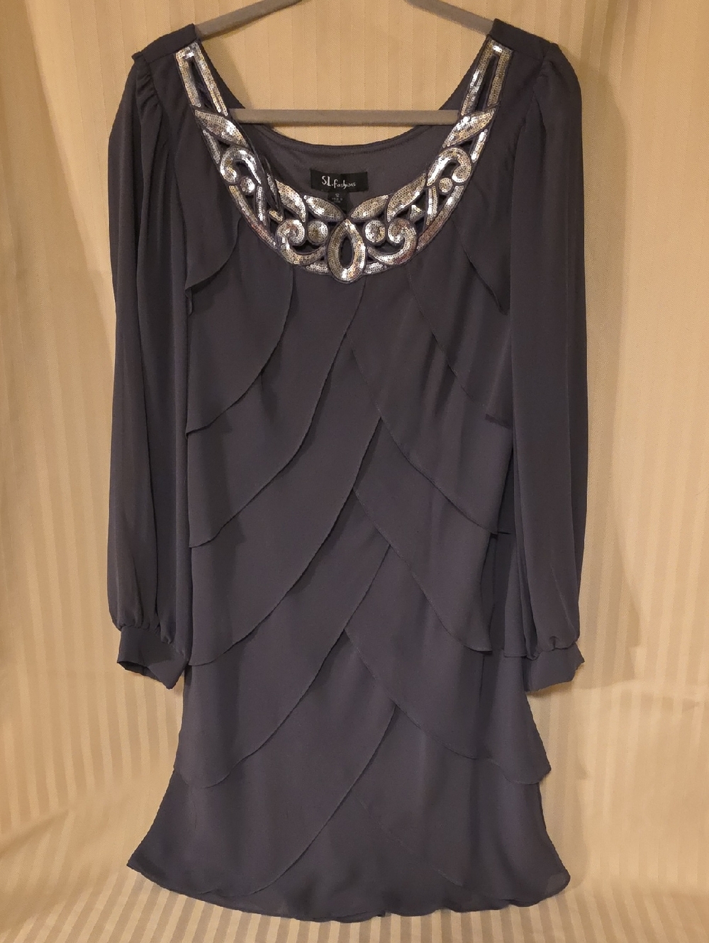 S.L. Fashions Gray Long-Sleeve Layered Dress with Silver Embellished Neckline